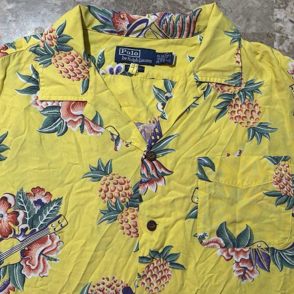 Polo Ralph Lauren Shirt Mens XL Yellow Classic Tropical Print Camp Loop Collar